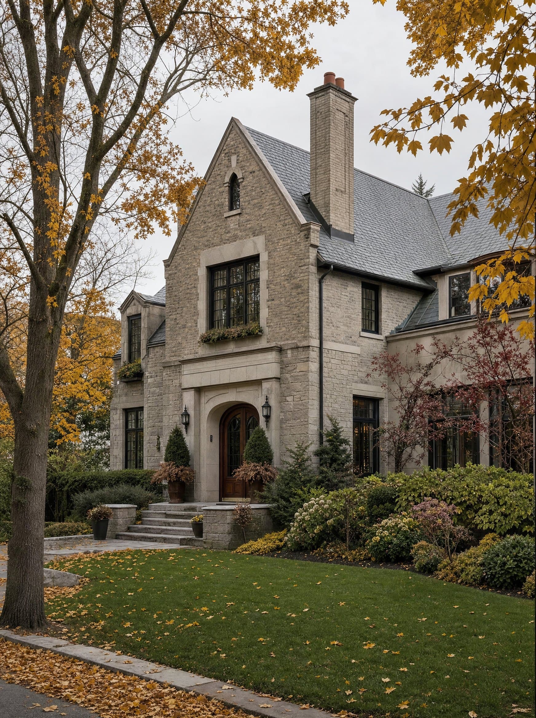 An established stone home on a tree-lined Quebec street in early autumn