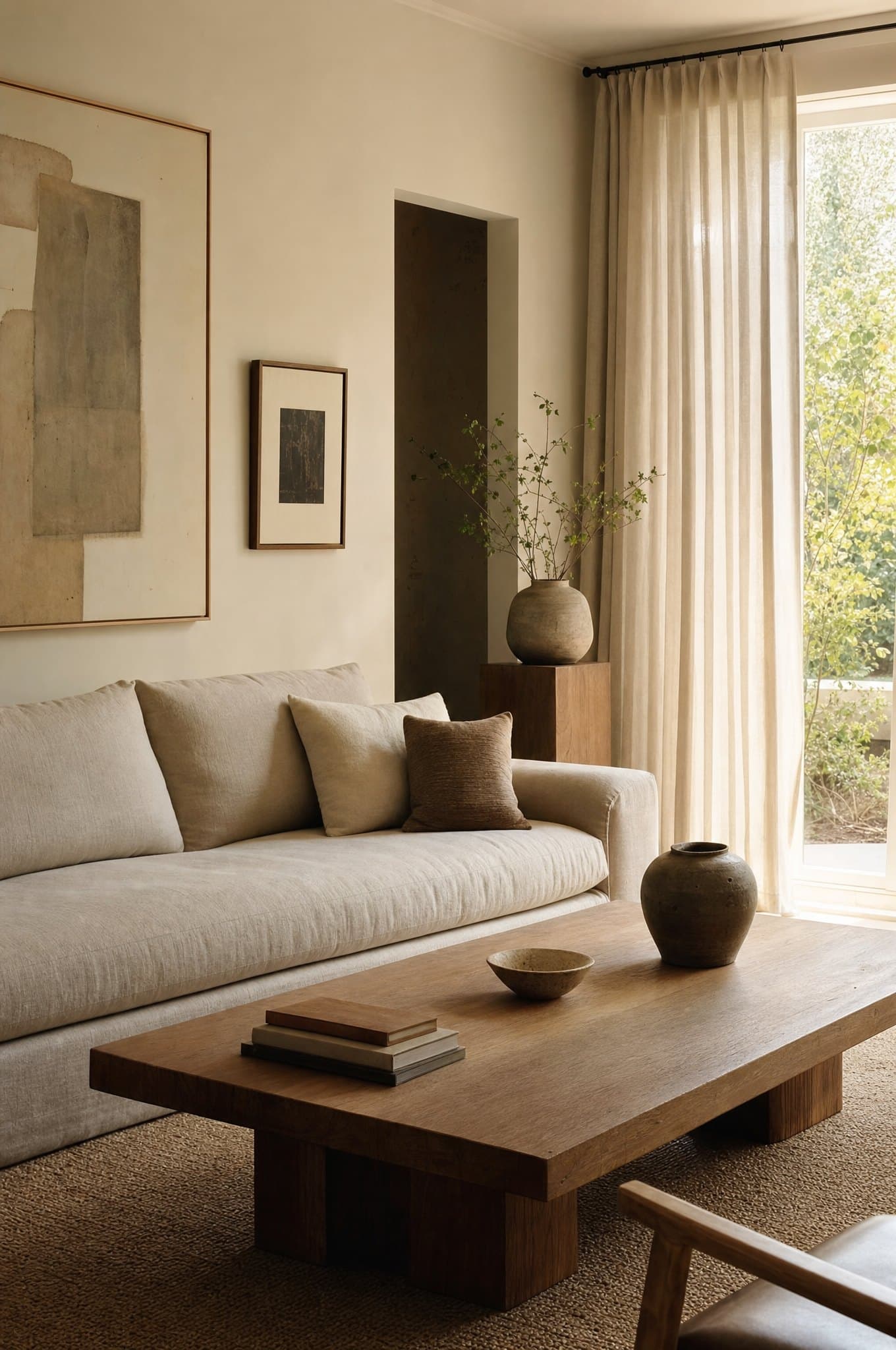 A light-filled living room with a linen sofa, oak, and framed art