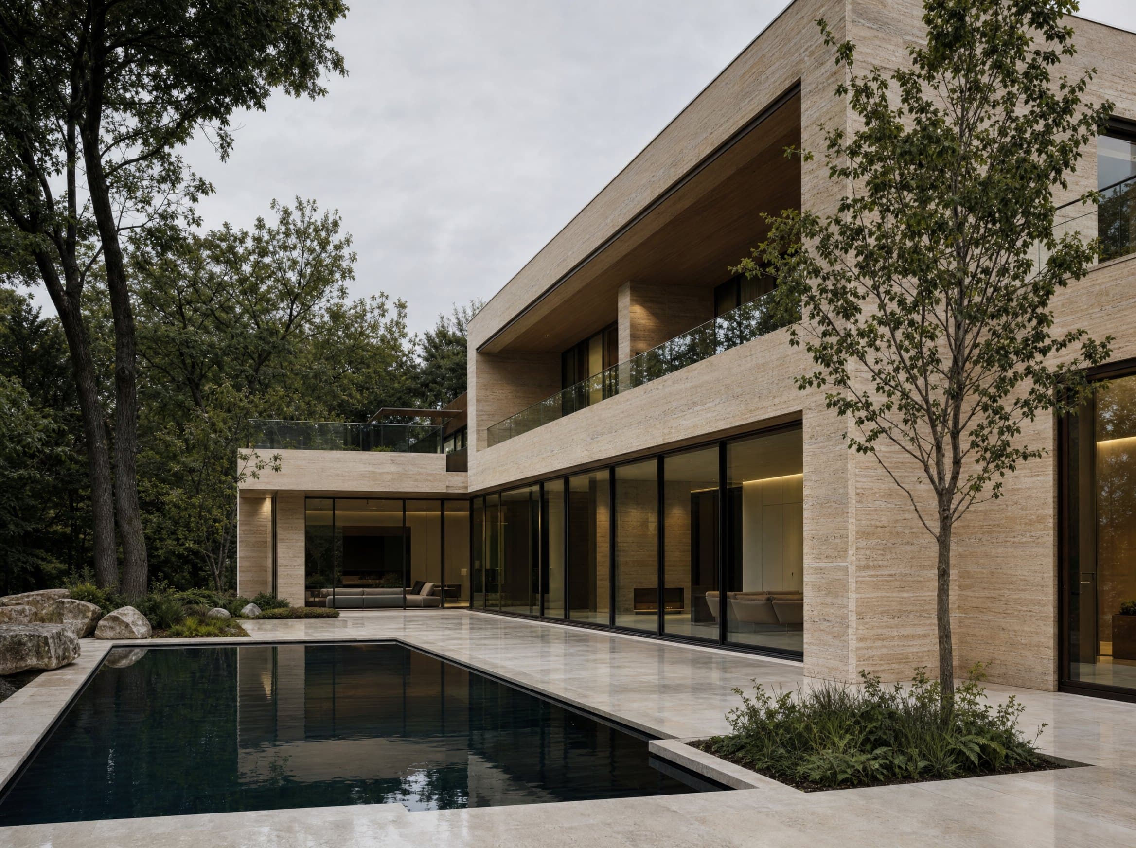 A luxury home with a warm travertine façade and a still reflecting pool