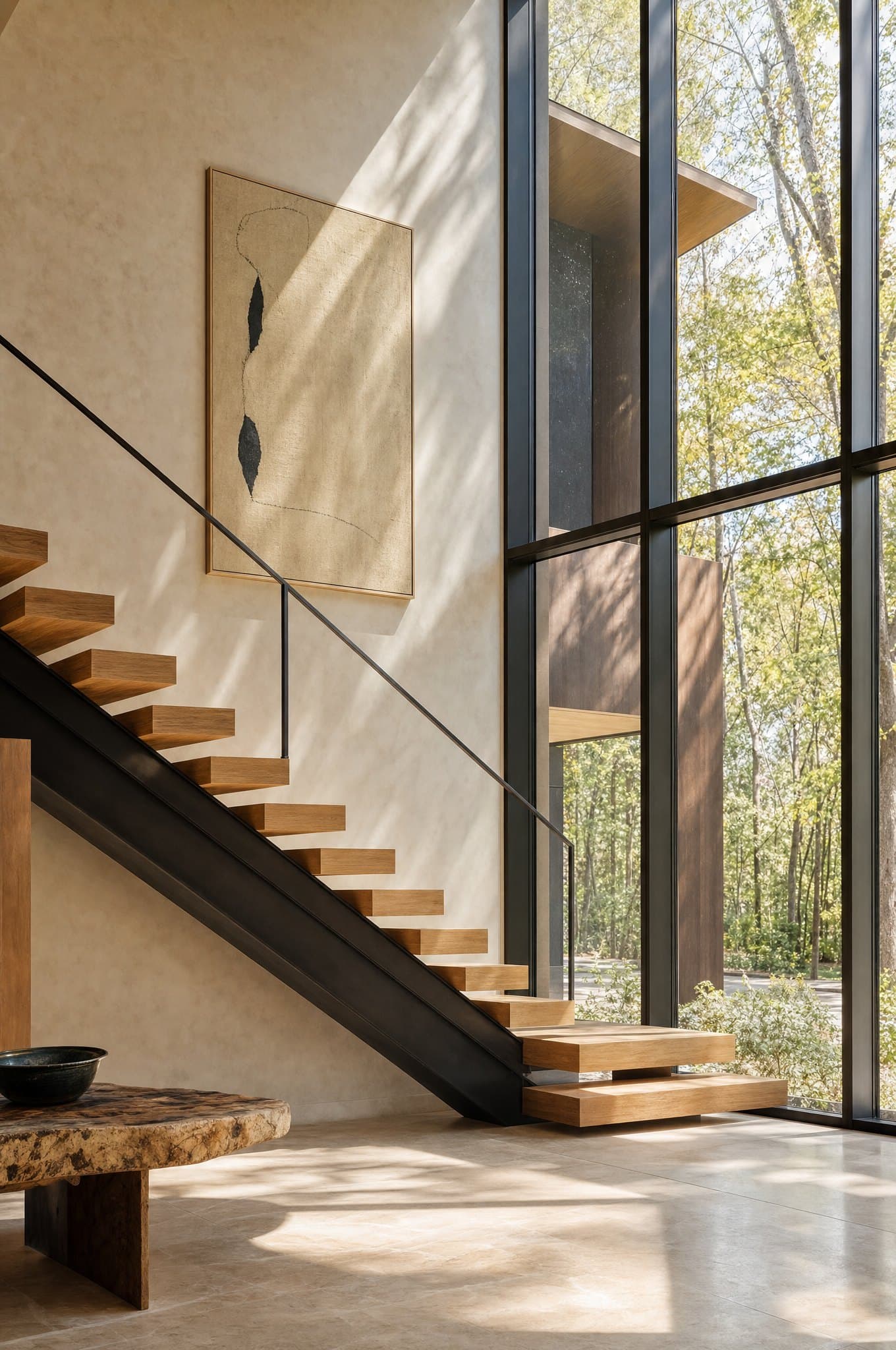 A floating oak staircase beside a double-height wall of floor-to-ceiling glazing