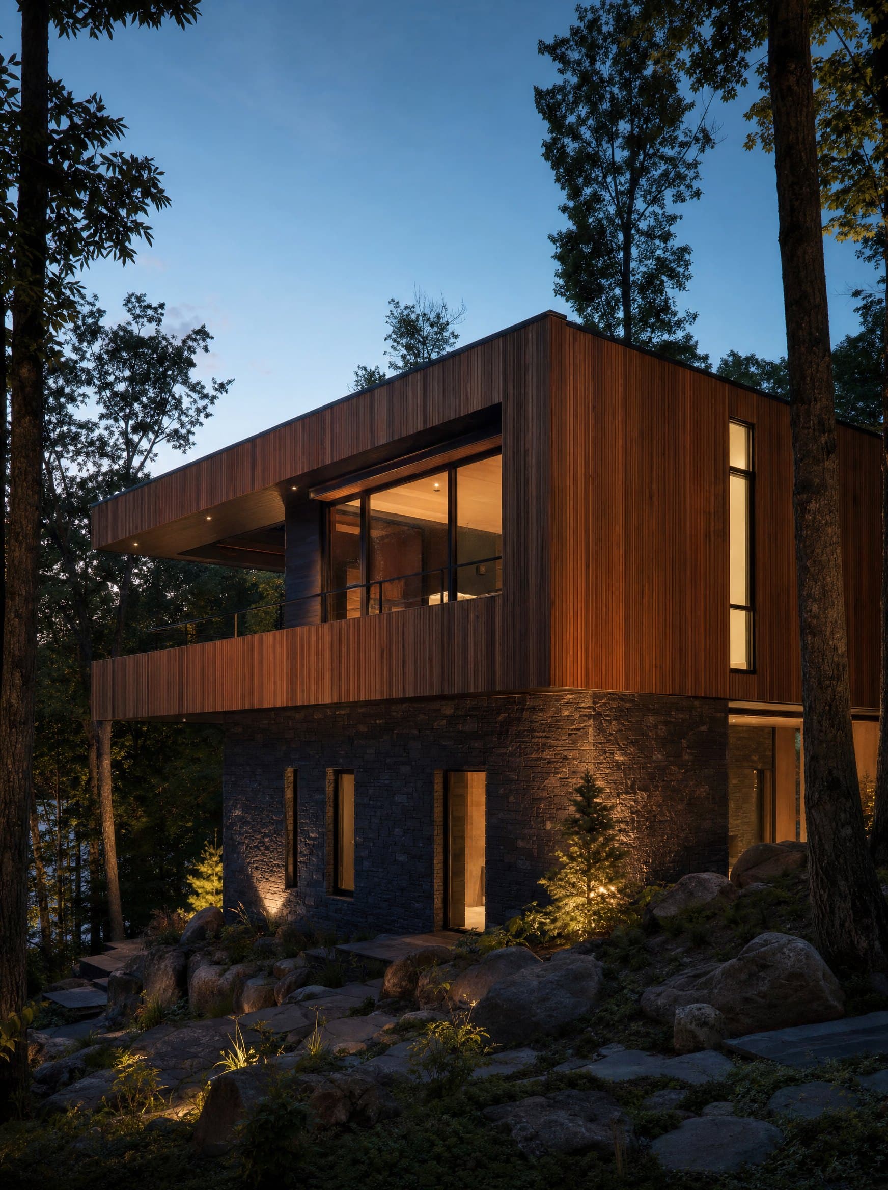 A modern home in cedar and dark stone on a wooded slope, lit warmly from within at dusk