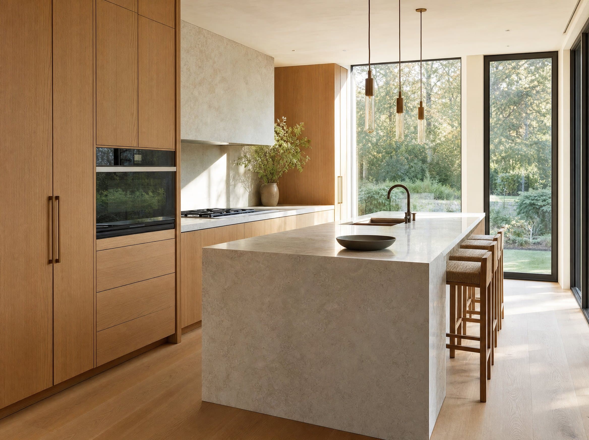 A bright custom kitchen with a pale stone island, oak cabinetry, and slim pendant lights