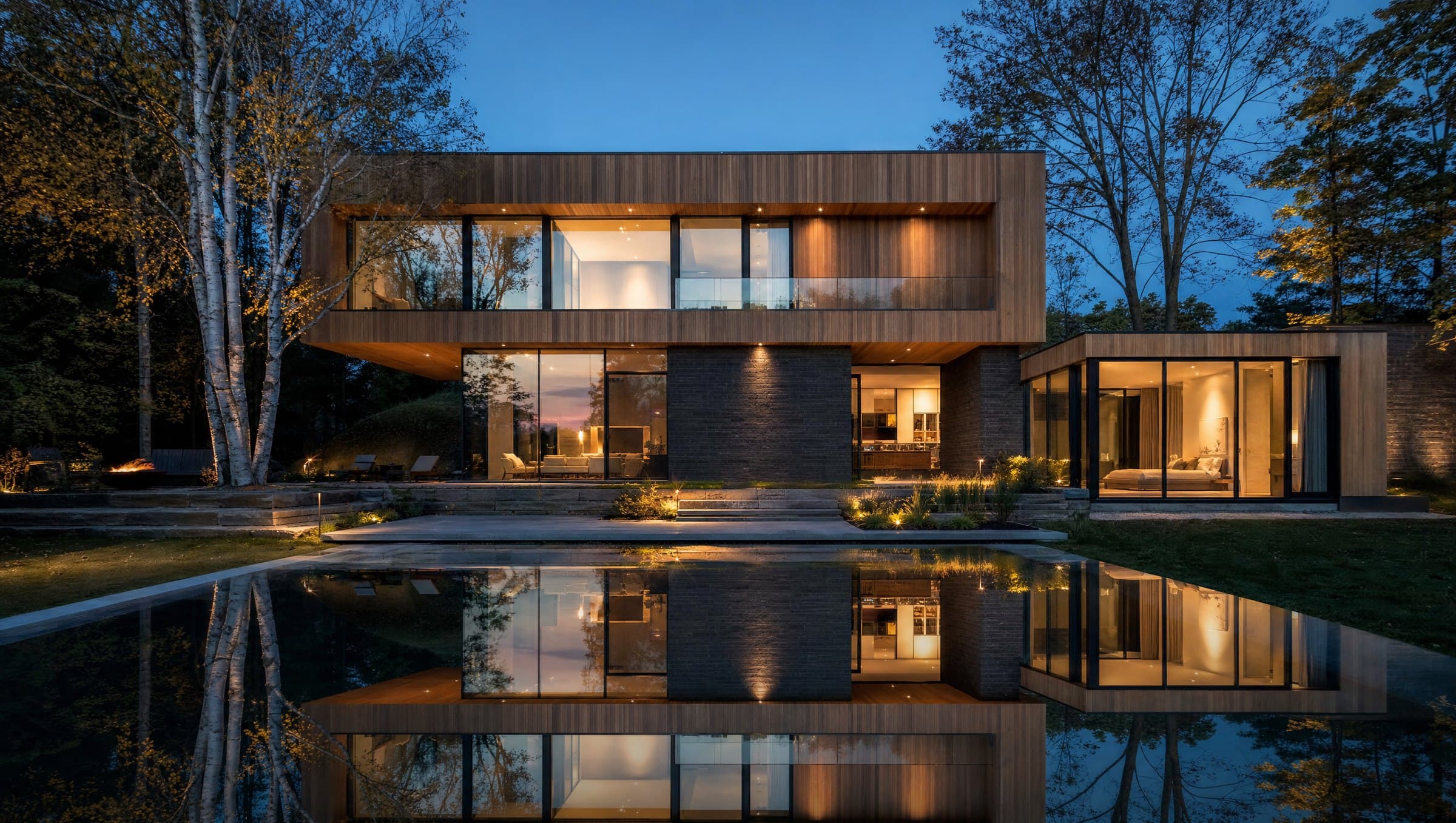 A contemporary custom home in warm oak and charcoal stone at dusk, glowing from within above a reflecting pool