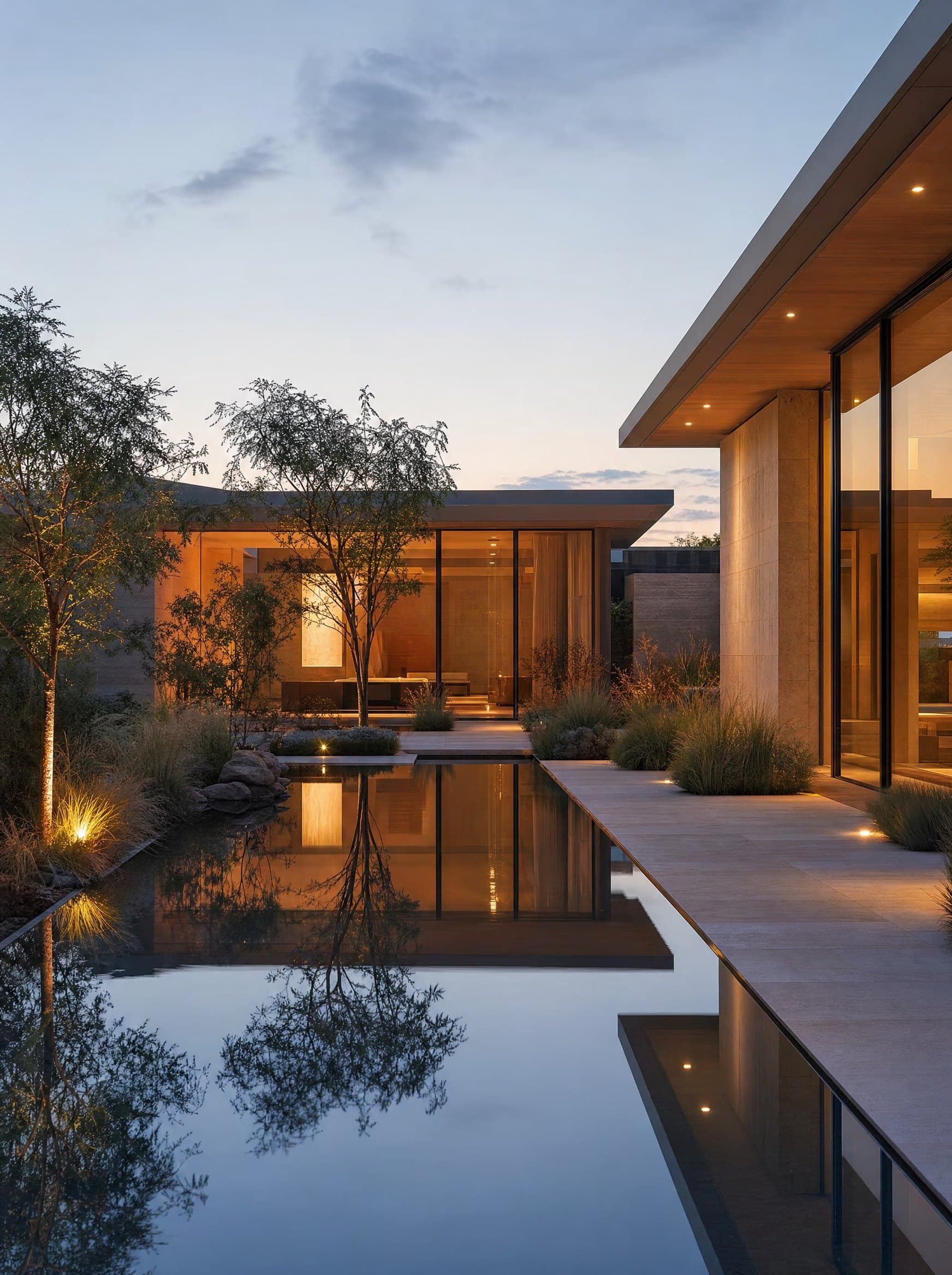 A contemporary home with a long reflecting pool, glowing softly at dusk