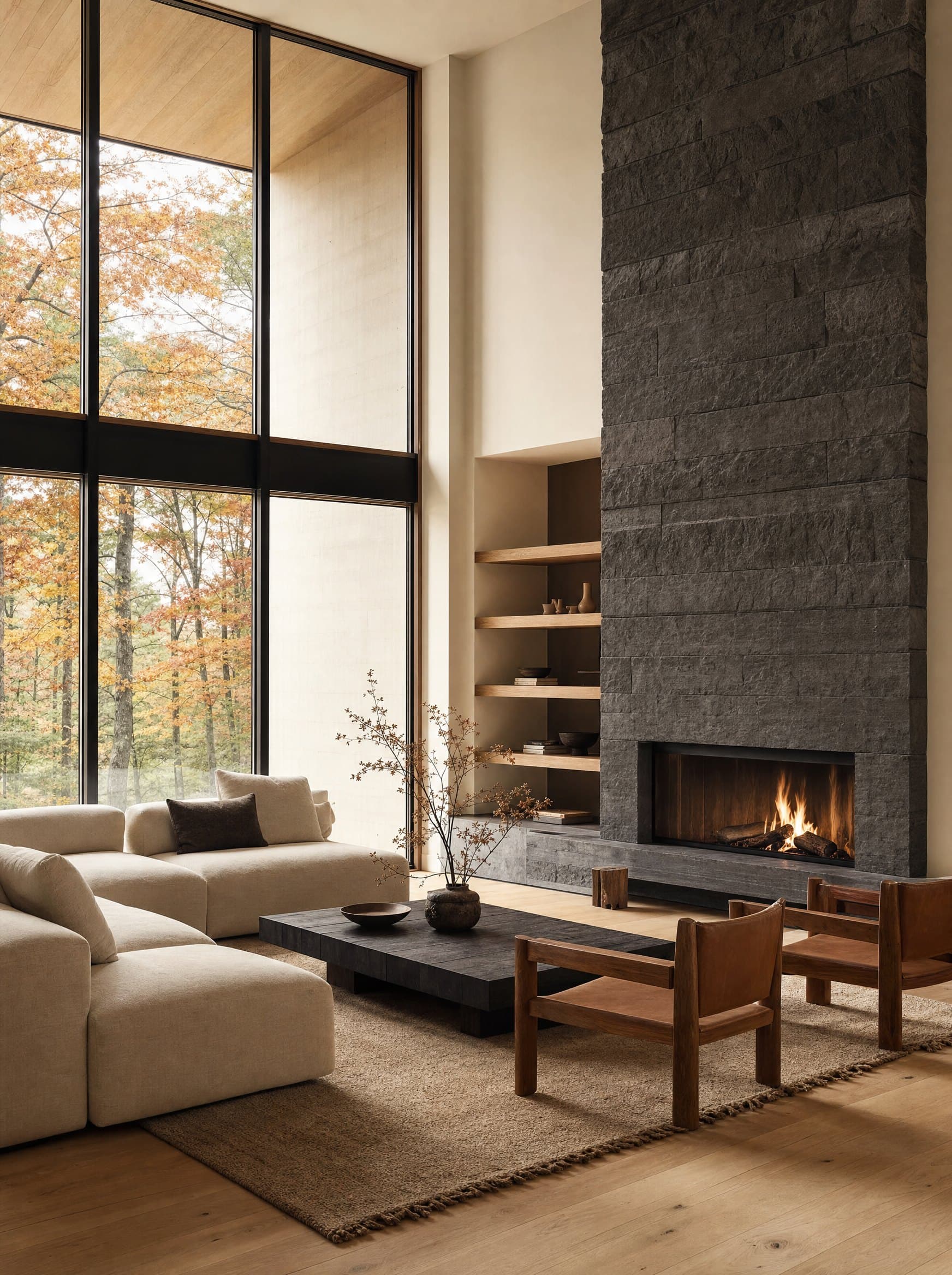 A warm minimalist living room with oak floors, a stone fireplace, and full-height windows