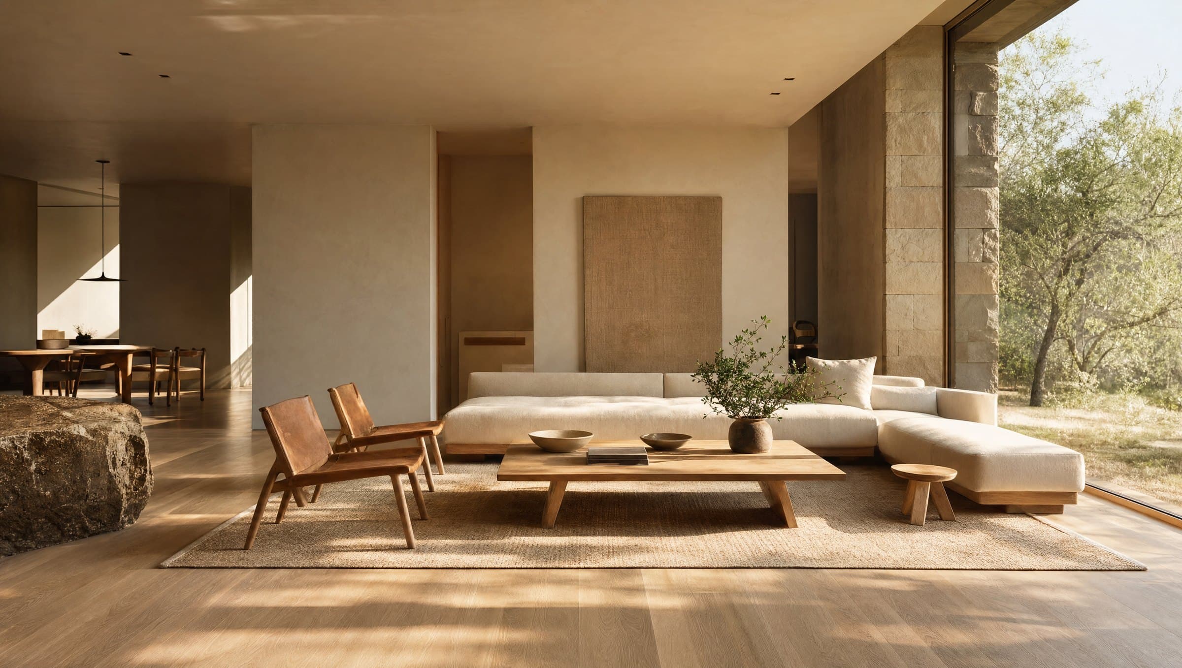 A serene living room with morning light raking across pale oak floors
